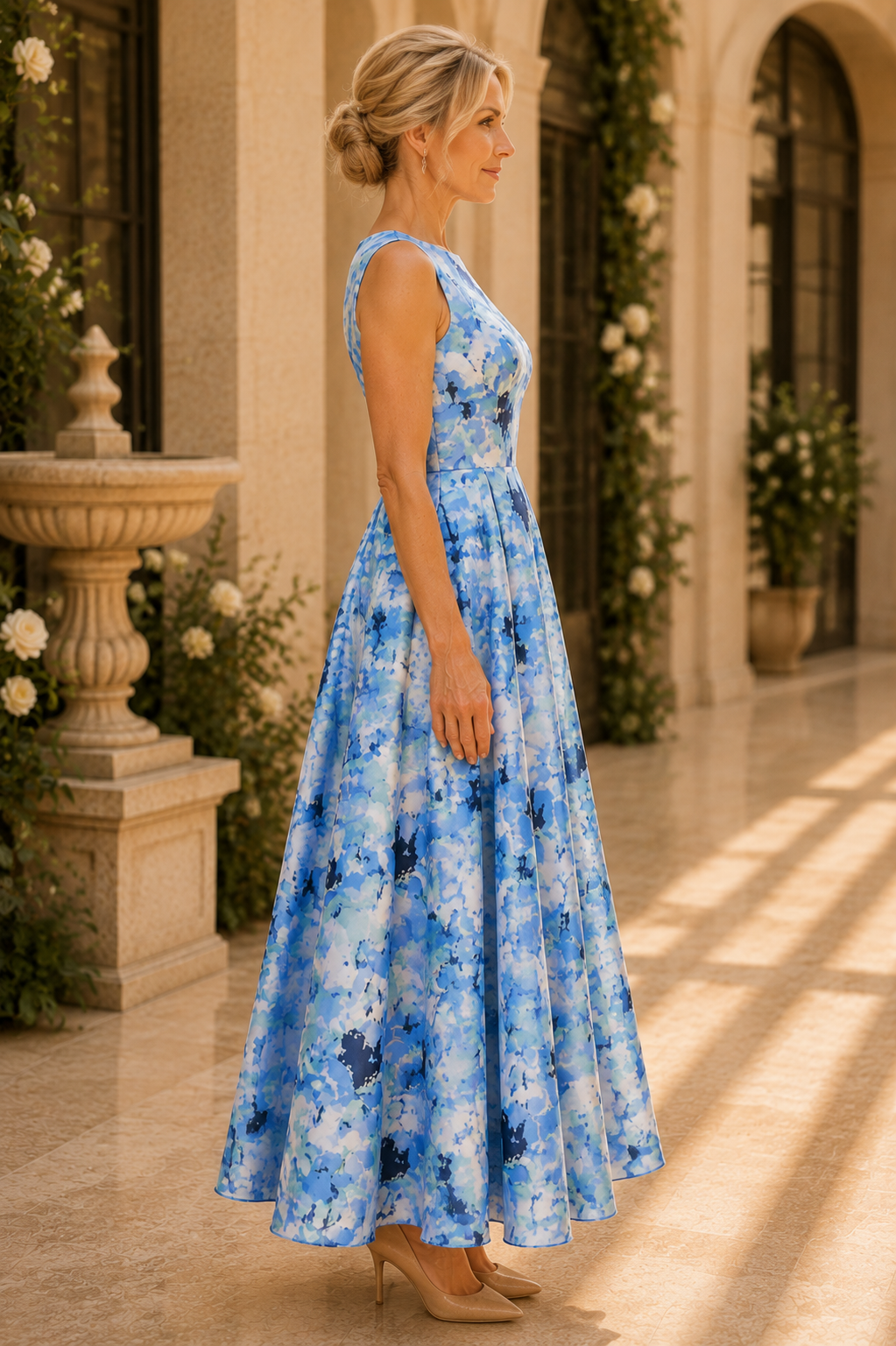 Floral Print Sleeveless Bateau Neck Pleated Dress