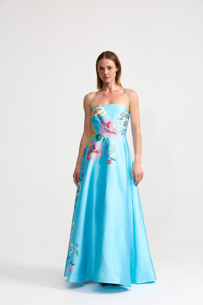 Strapless Satin A-Line Gown with Floral Print