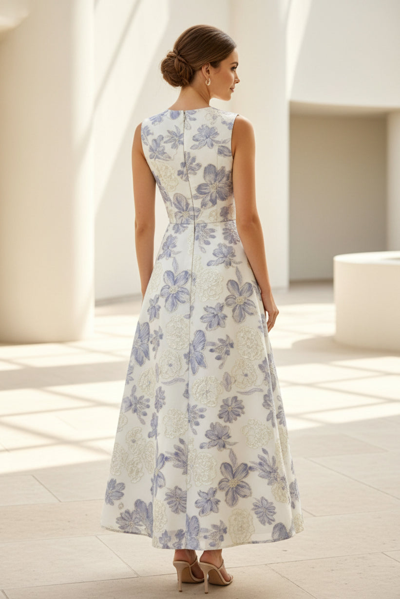 Floral Jacquard Sleeveless A-Line Tea-Length Dress
