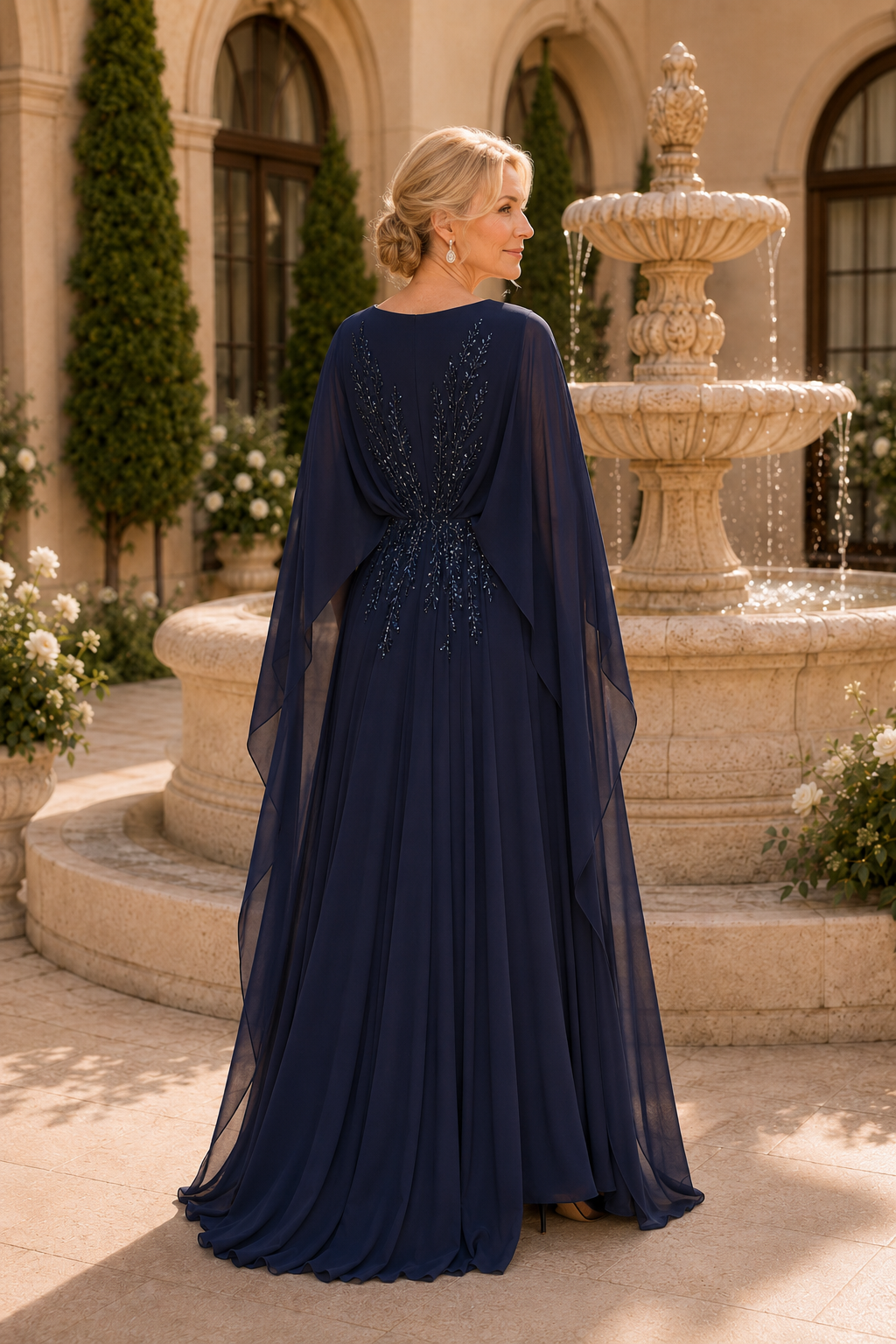Beaded Cape Sleeve Floor-Length Chiffon Gown