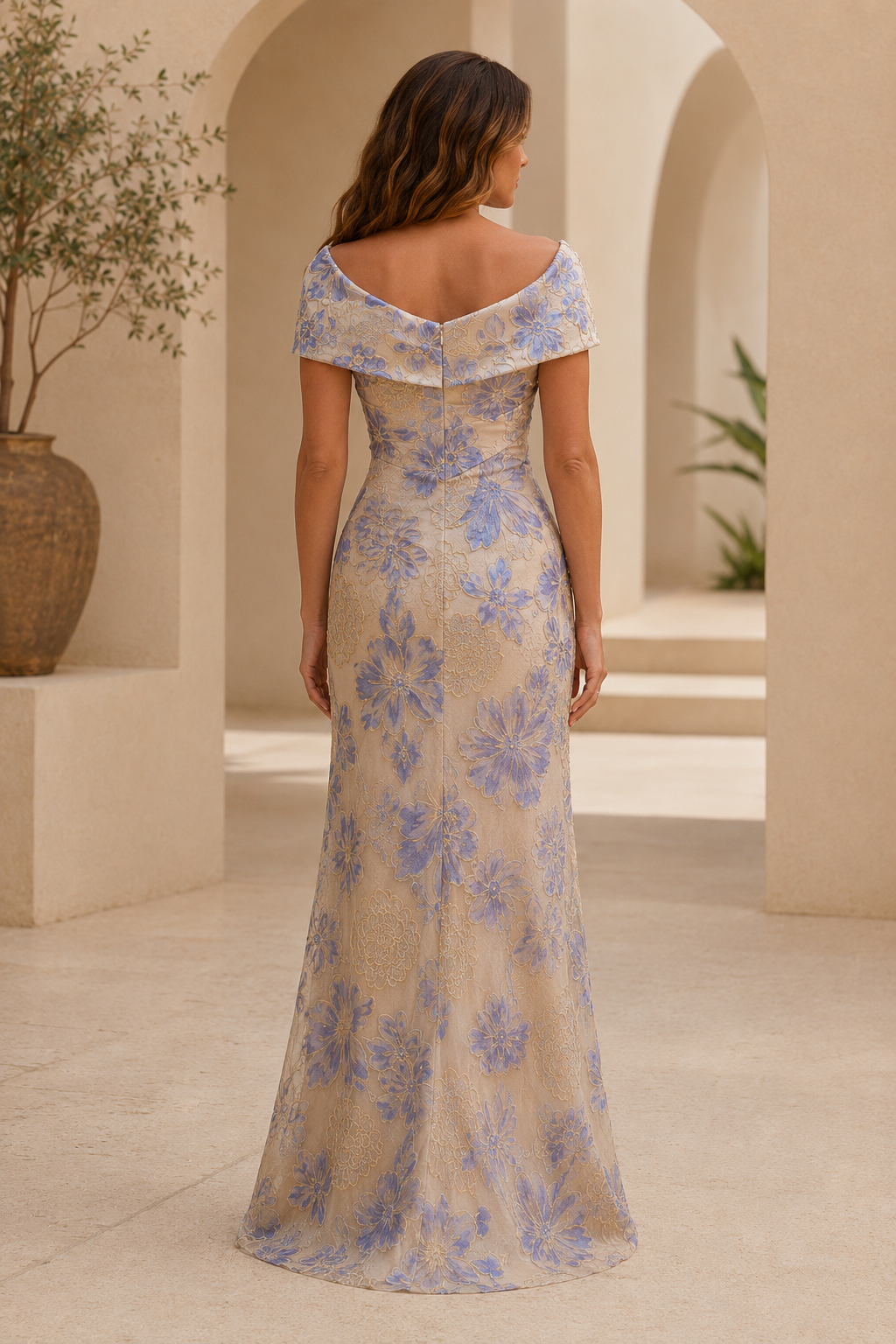 Off-the-Shoulder Floral Lace Column Evening Gown
