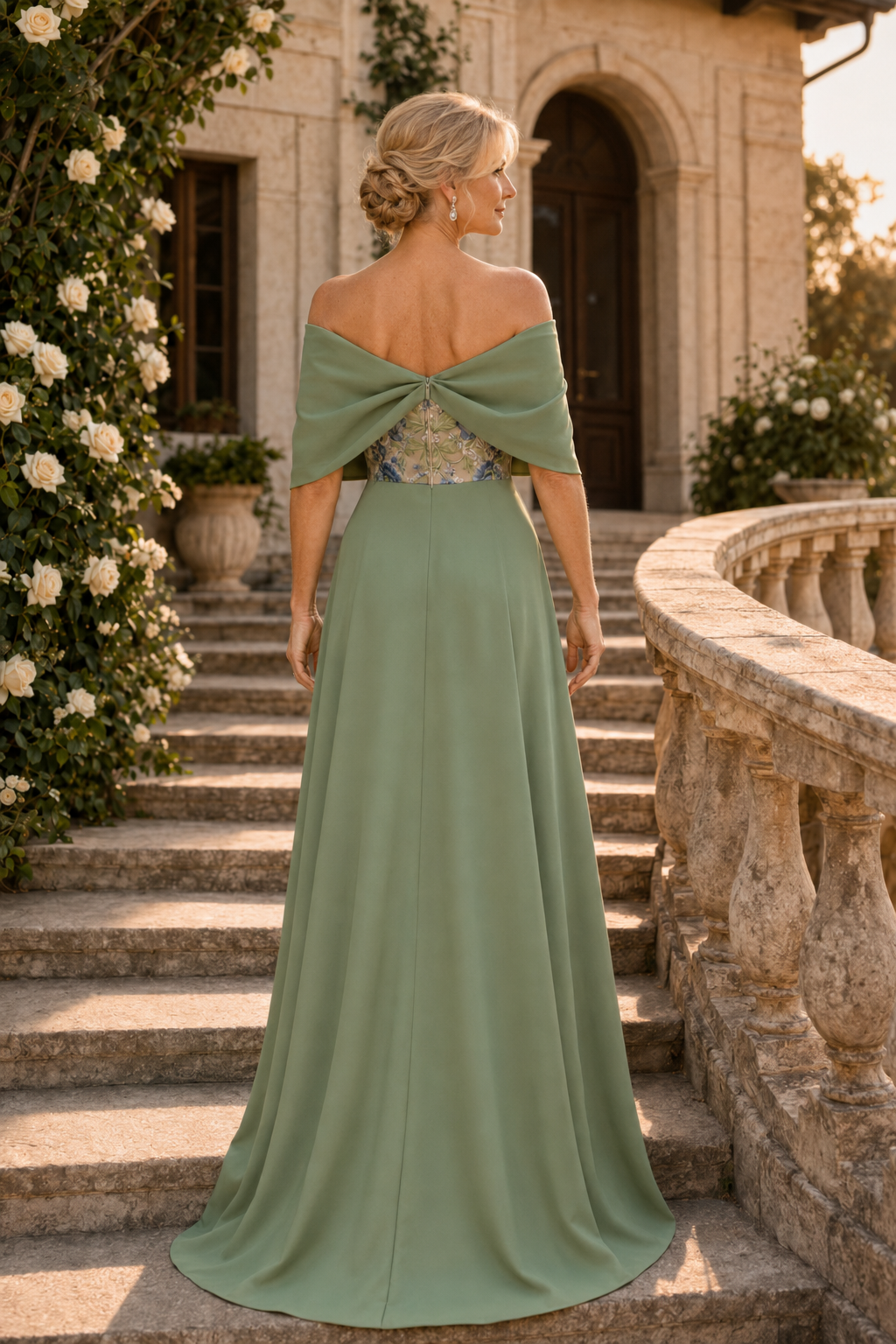Floral Column Gown with Draped Cape Collar