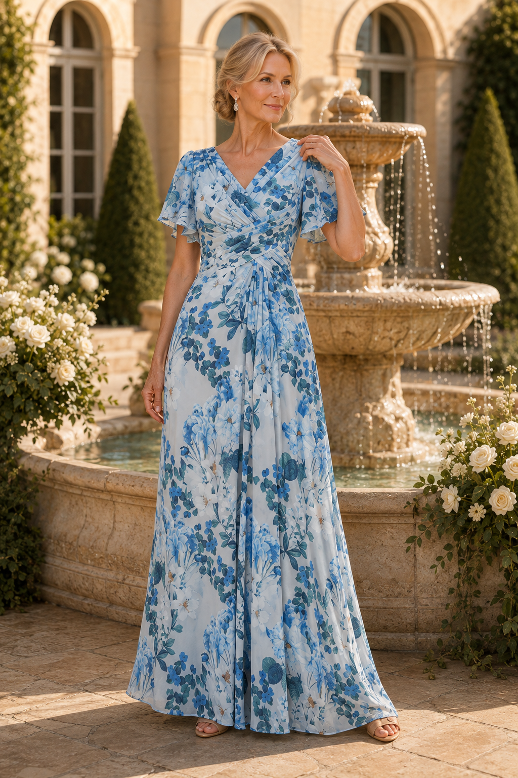 Floral Print Ruched Bodice Flutter Sleeve Maxi Dress