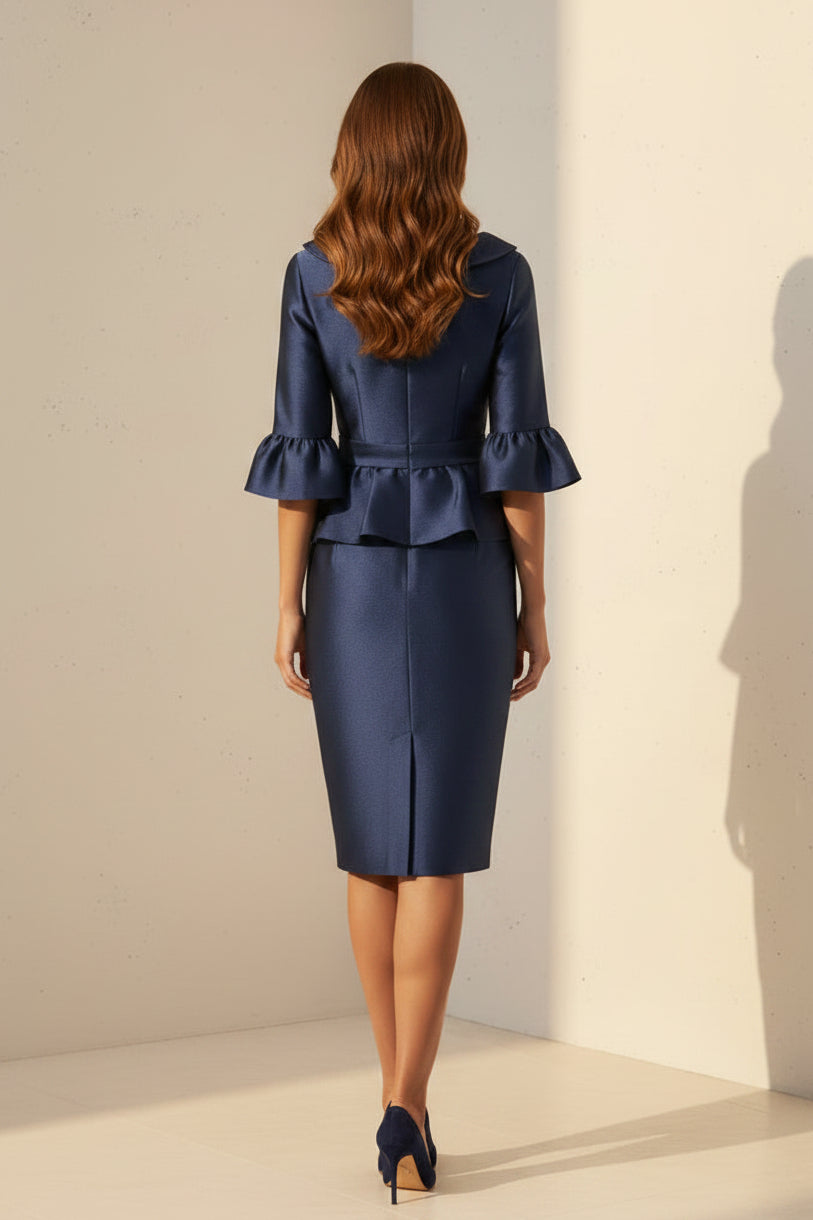 Peplum Pencil Dress with Bell Sleeves & Brooch