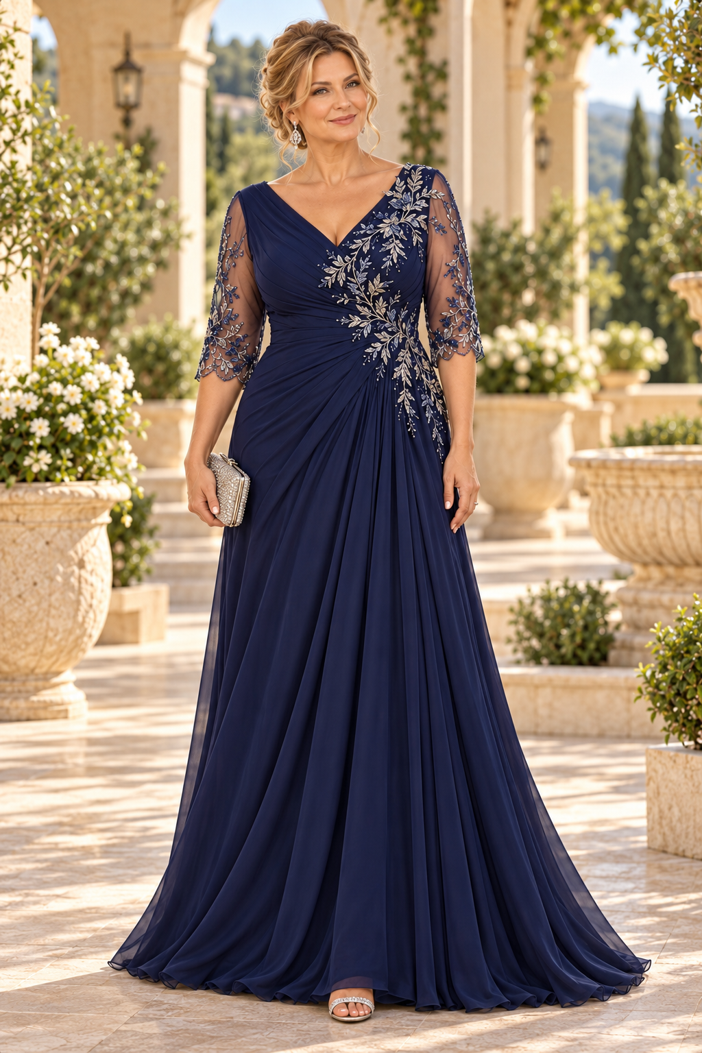 Embroidered Ruched A-Line Evening Gown