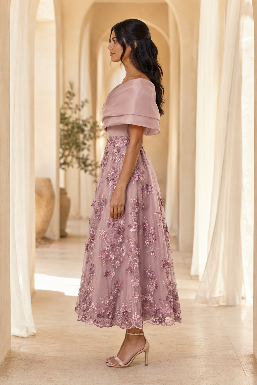 Off-the-Shoulder Floral Embroidered Tea-Length Dress