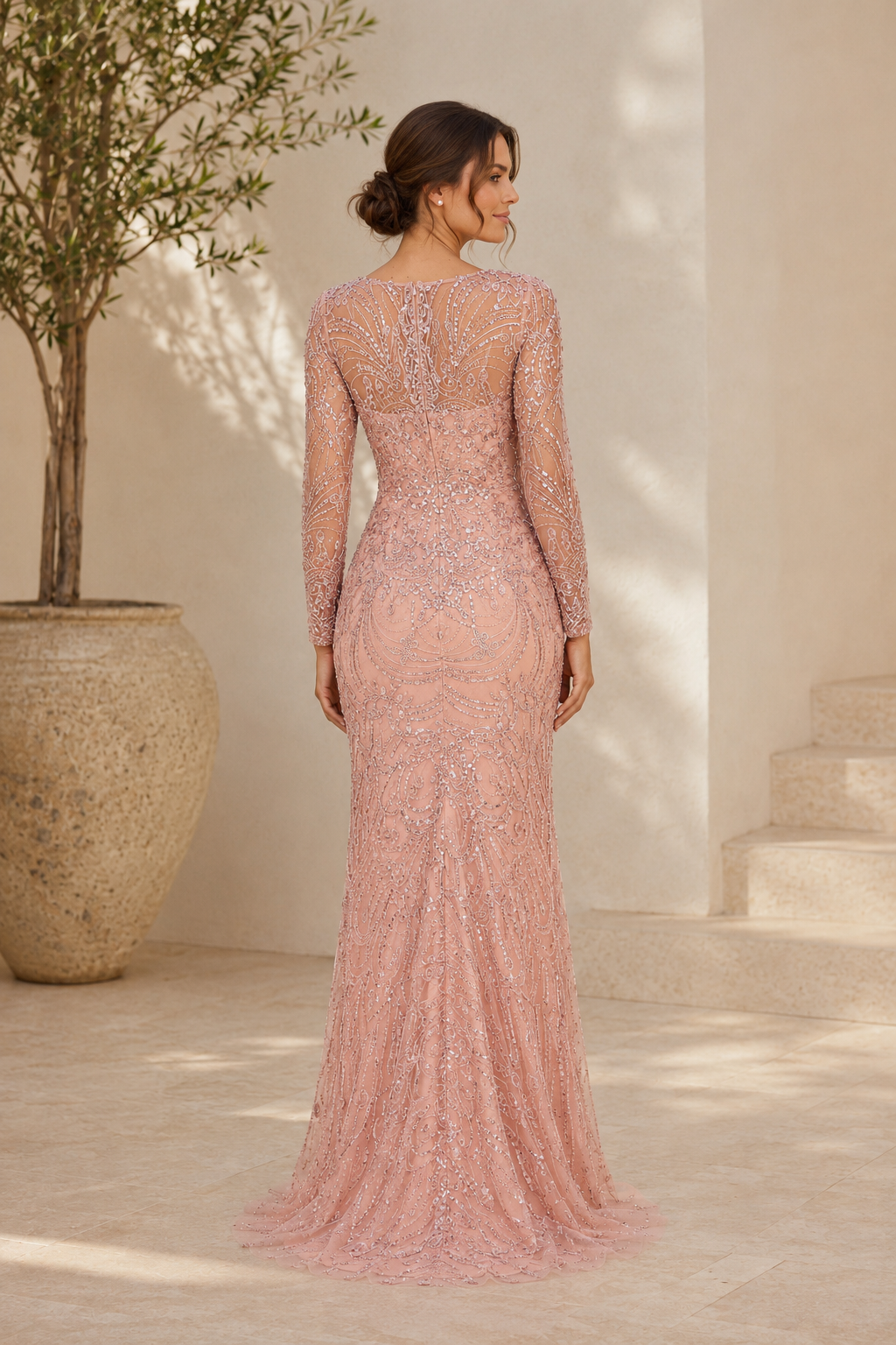 Illusion Long Sleeve Beaded Mermaid Evening Gown