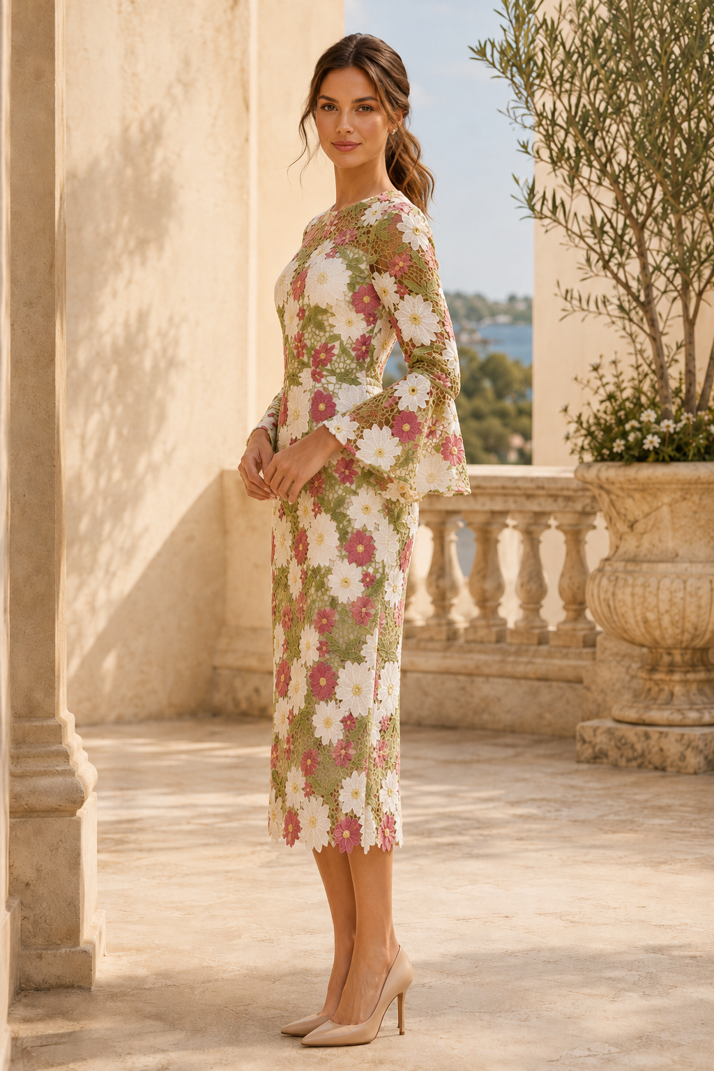 Floral Lace Midi Sheath Dress with Bell Sleeves