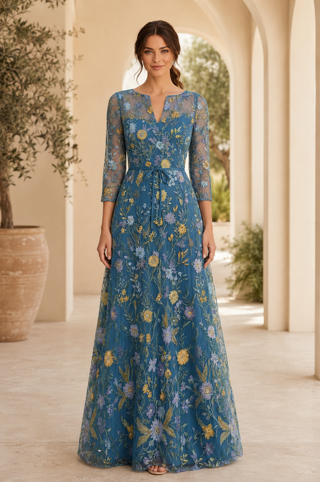 Floral Embroidered Illusion Sleeve A-Line Evening Gown