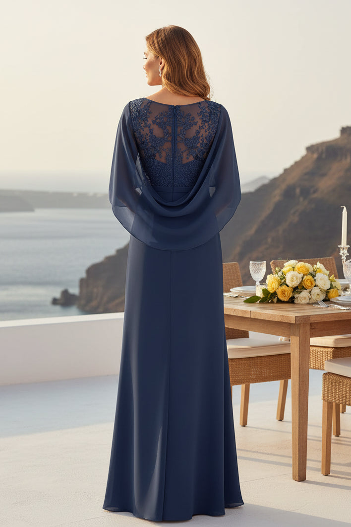 Chiffon V-Neck Evening Gown with Draped Cape