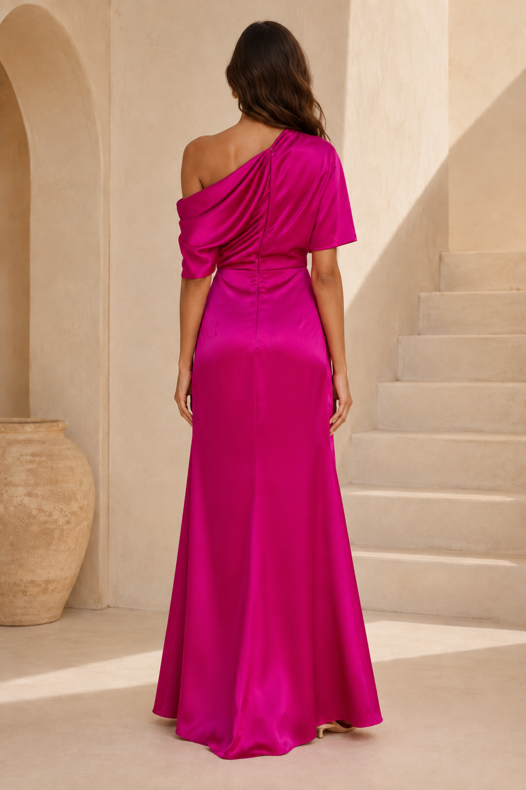 One-Shoulder Draped Satin Gown with High Slit