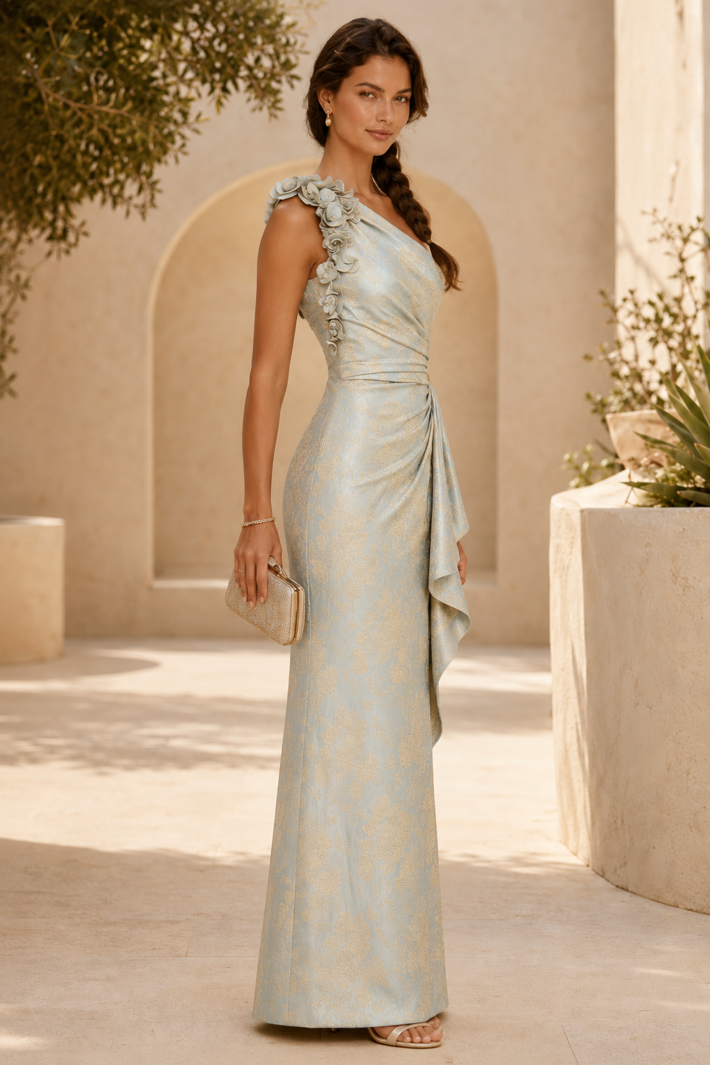 One-Shoulder Floral Jacquard Gown with 3D Florals