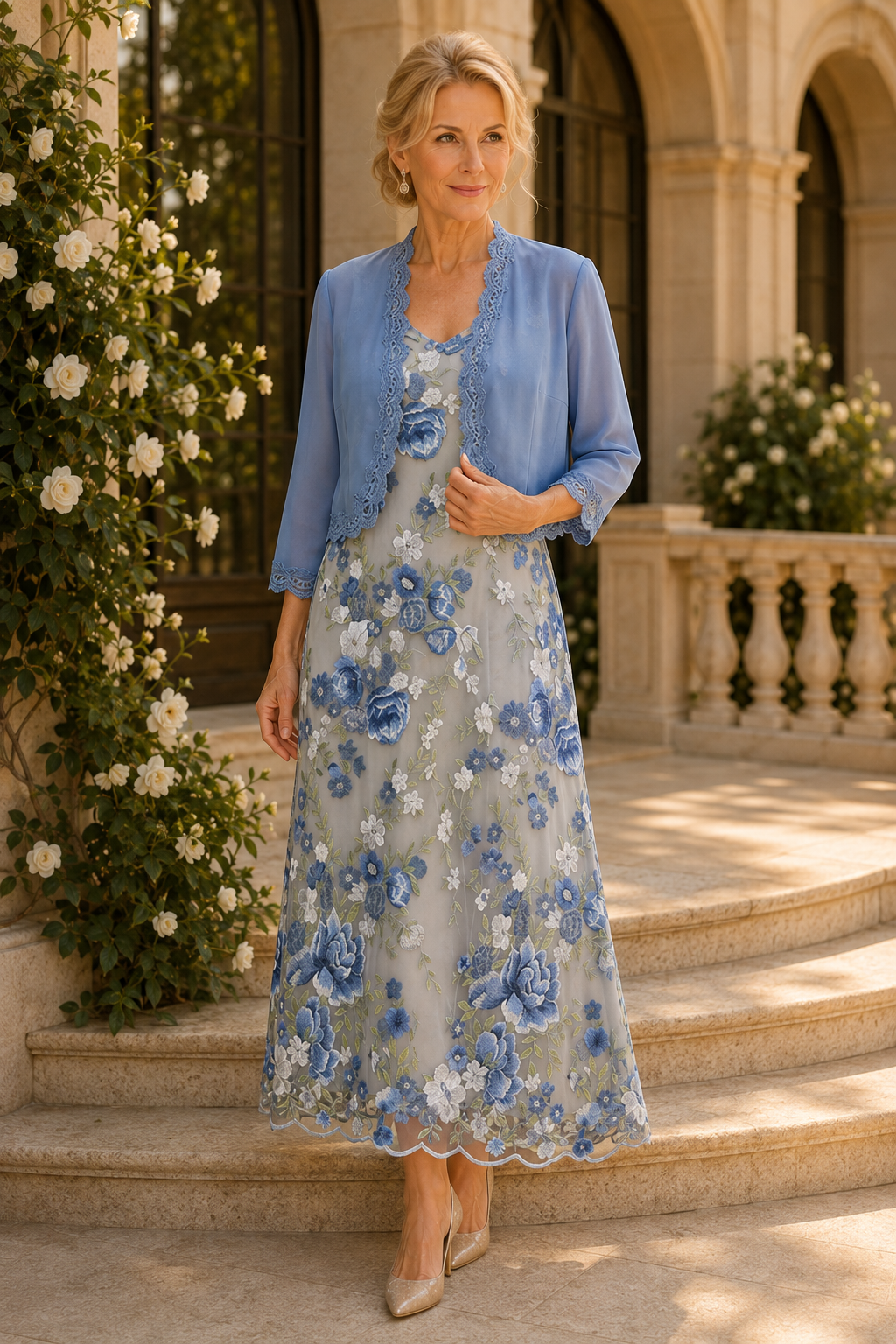 Floral Embroidered Tea-Length Dress with Bolero