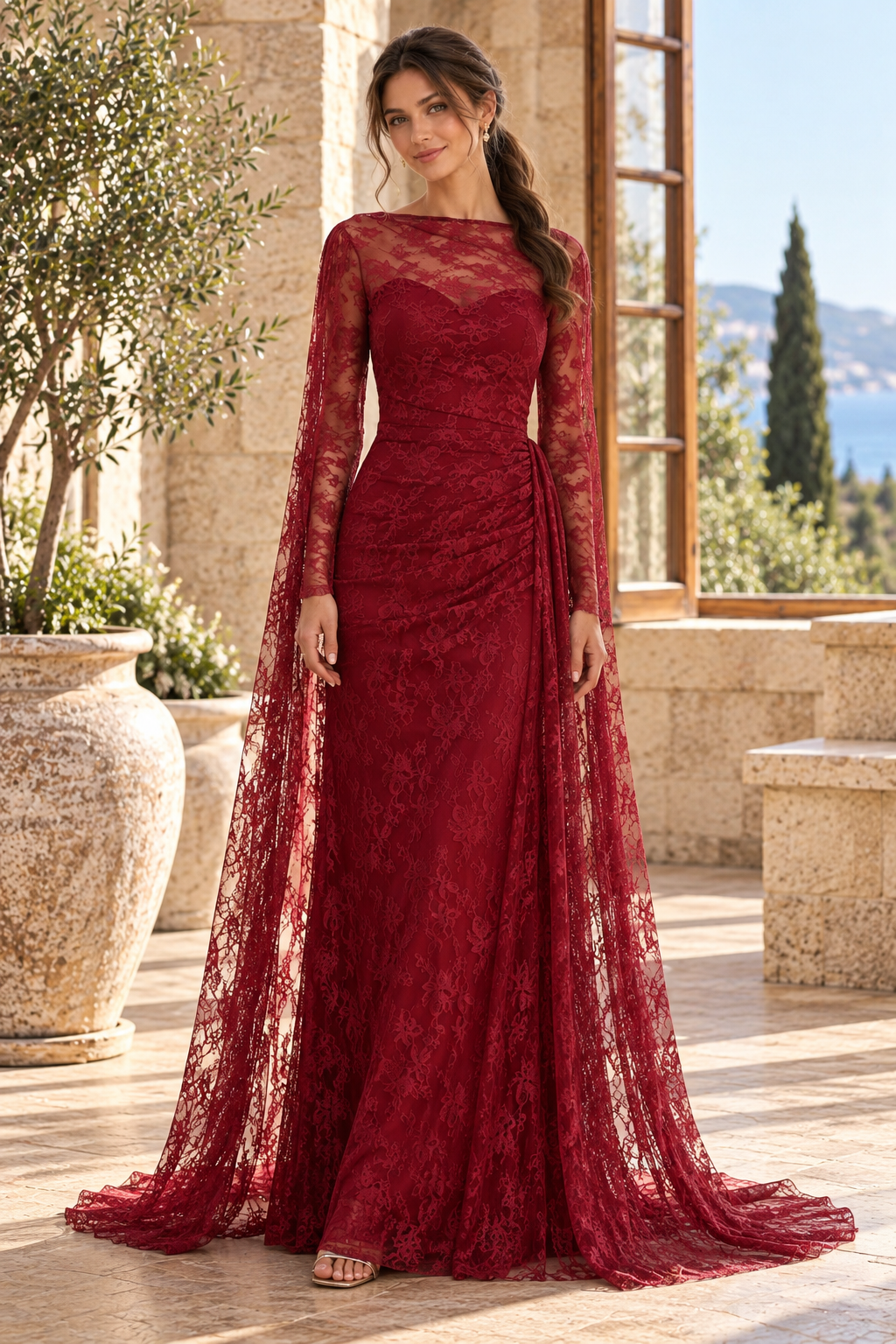 Lace Gown with Floor-Length Cape Sleeves