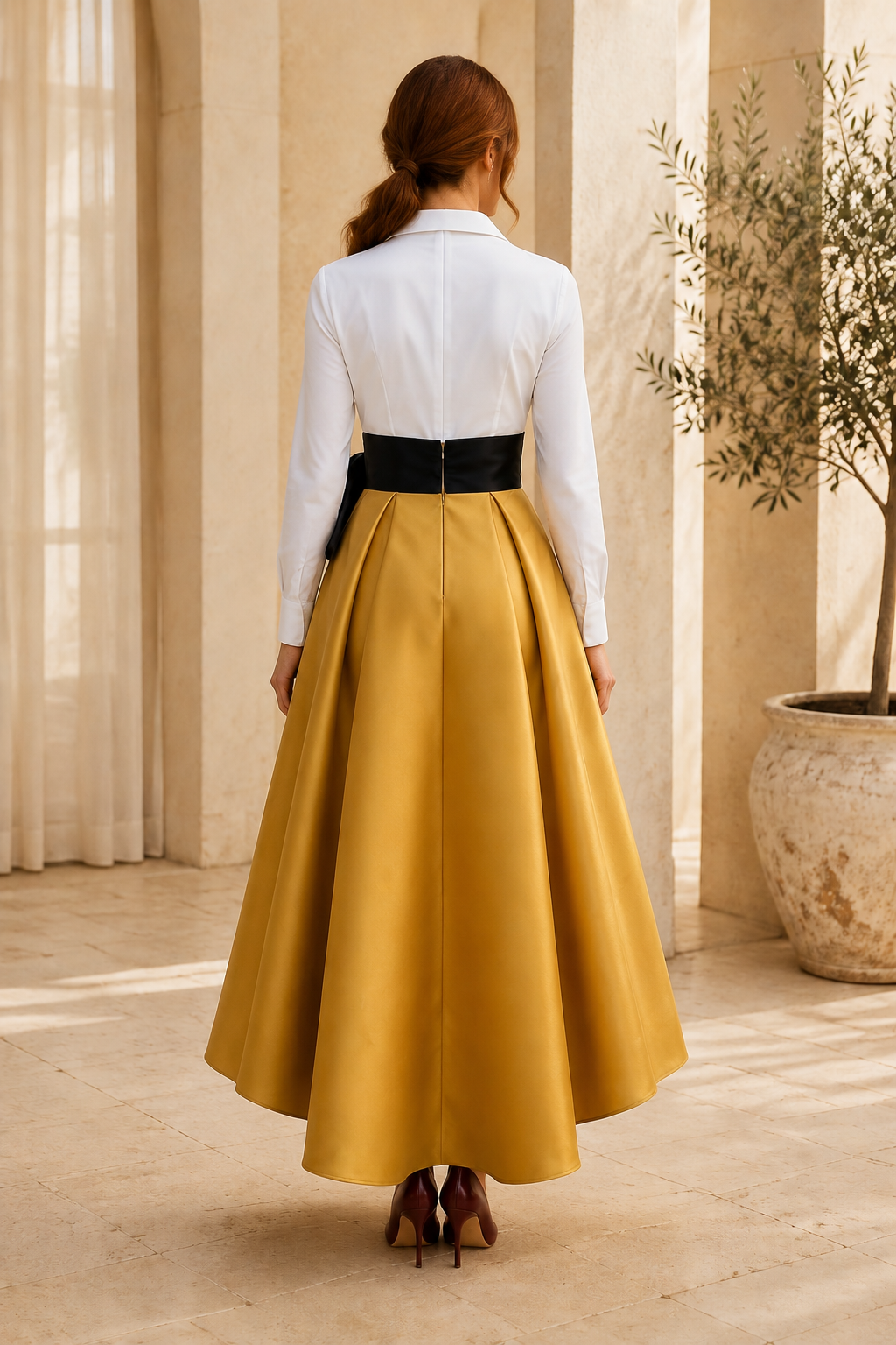 Collared Long Sleeve High-Low Dress with Bow Waist