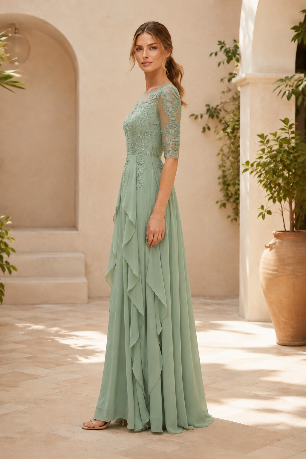 Embroidered Lace Illusion Bodice Tiered Ruffle Gown