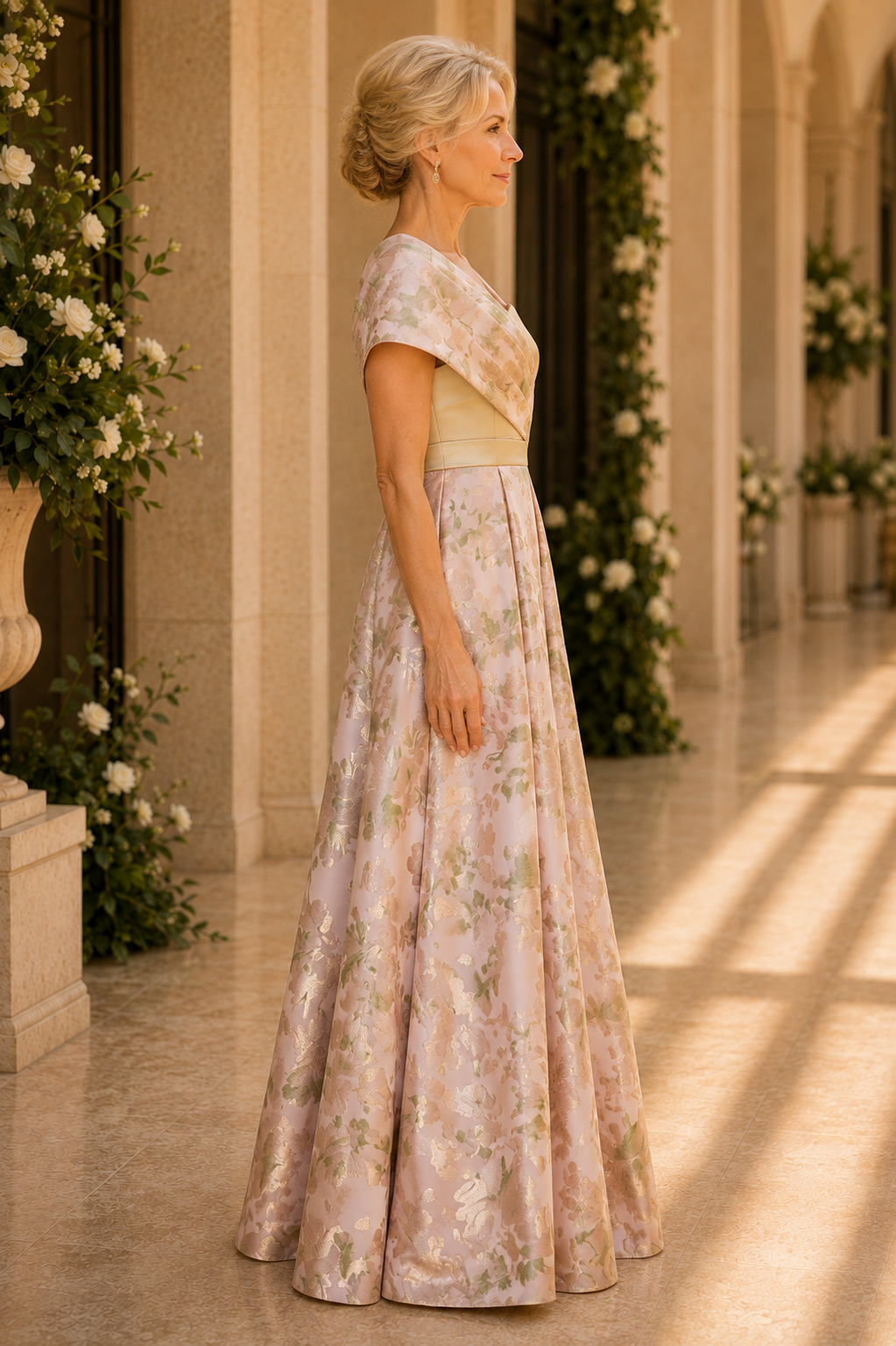 Floral Jacquard A-Line Gown with Draped Neckline