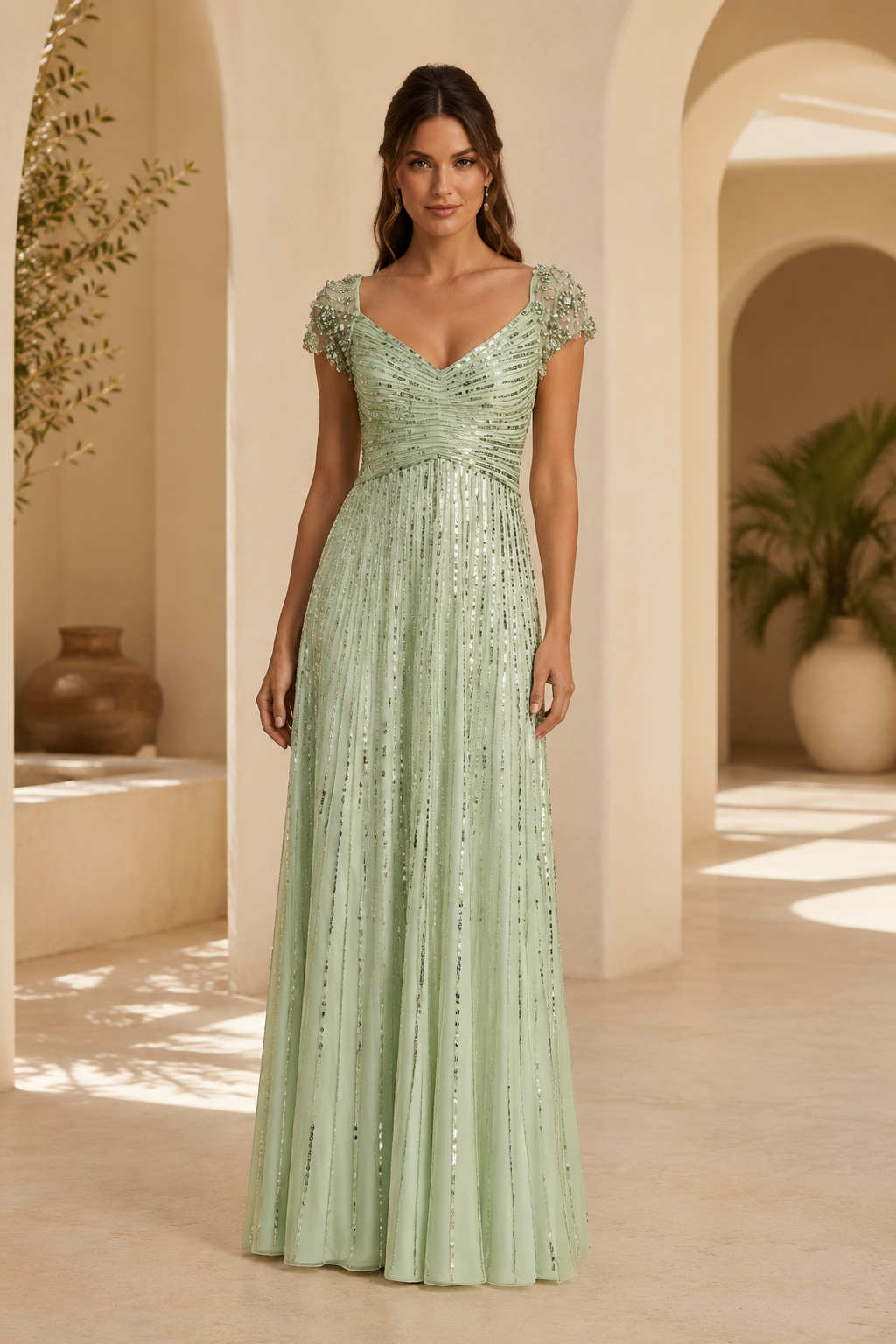 Sequin A-Line Evening Gown with Beaded Cap Sleeves