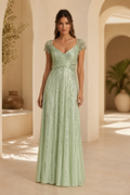 Sequin A-Line Evening Gown with Beaded Cap Sleeves