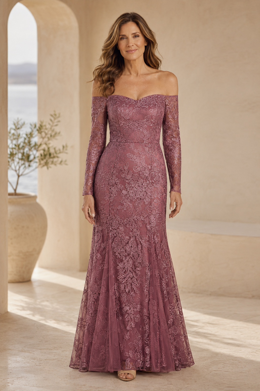 Off-the-Shoulder Lace Long Sleeve Evening Gown