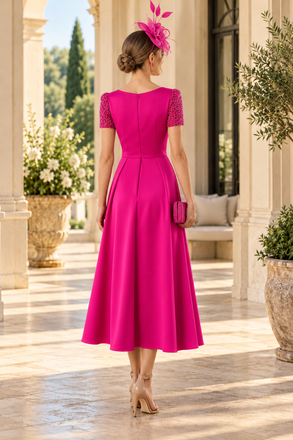 A-Line Tea-Length Dress with Beaded Sleeves
