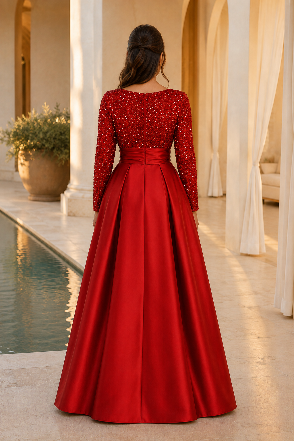 Beaded Long Sleeve Pleated Satin Ball Gown