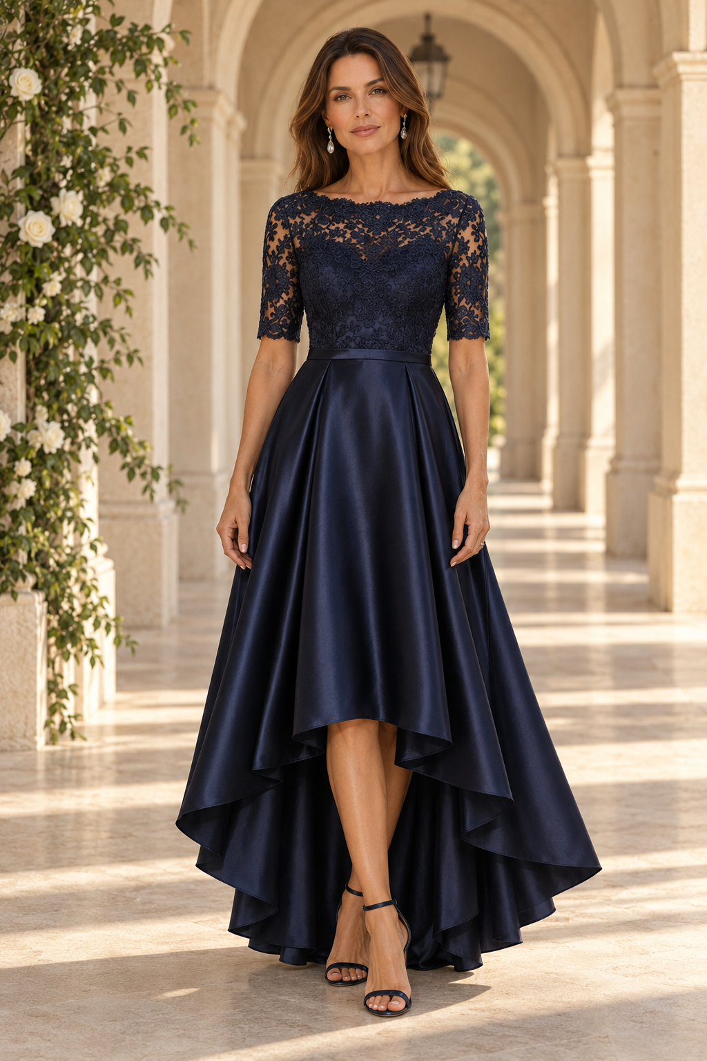 Lace Bodice High-Low Satin A-Line Dress