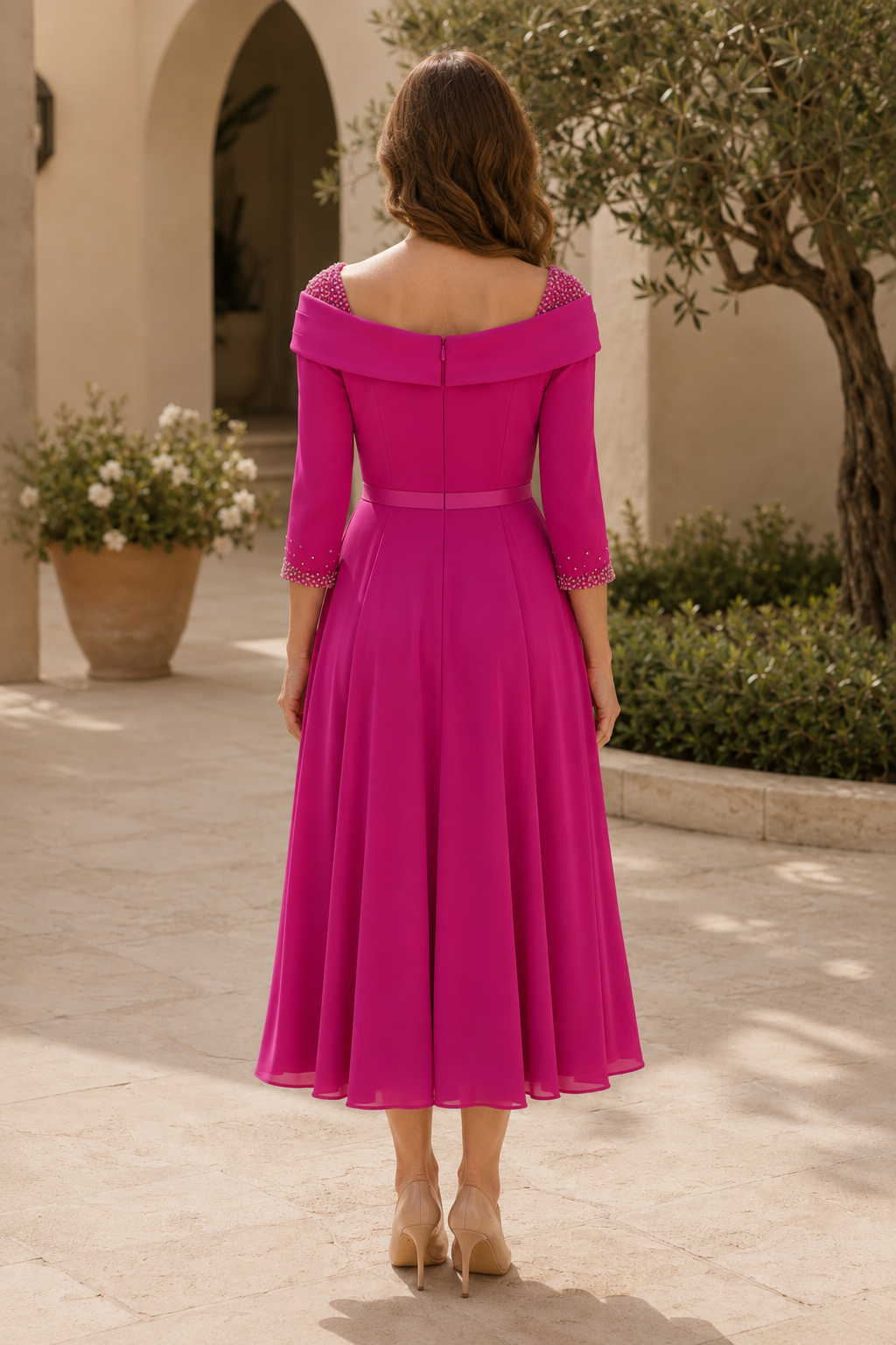 Beaded Foldover Neckline A-Line Midi Dress