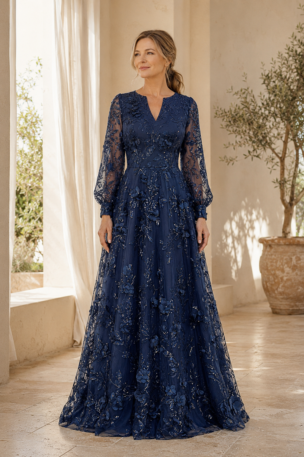 Long Sleeve Lace A-Line Gown with 3D Floral Appliques