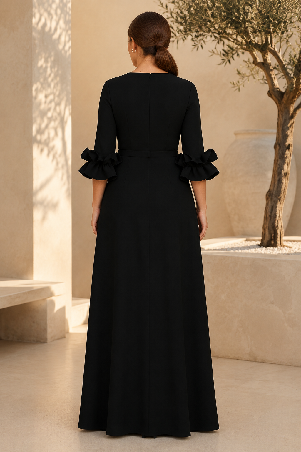 Belted A-Line Maxi Dress with Ruffled Cuff Sleeves