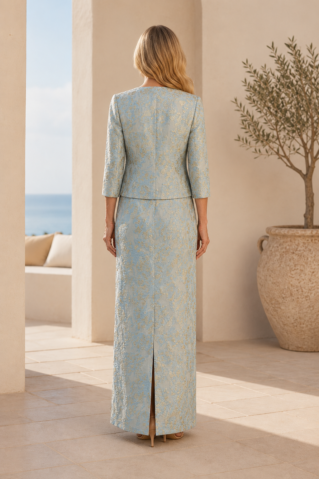 Two-Piece Jacquard Sheath Dress and Jacket Set