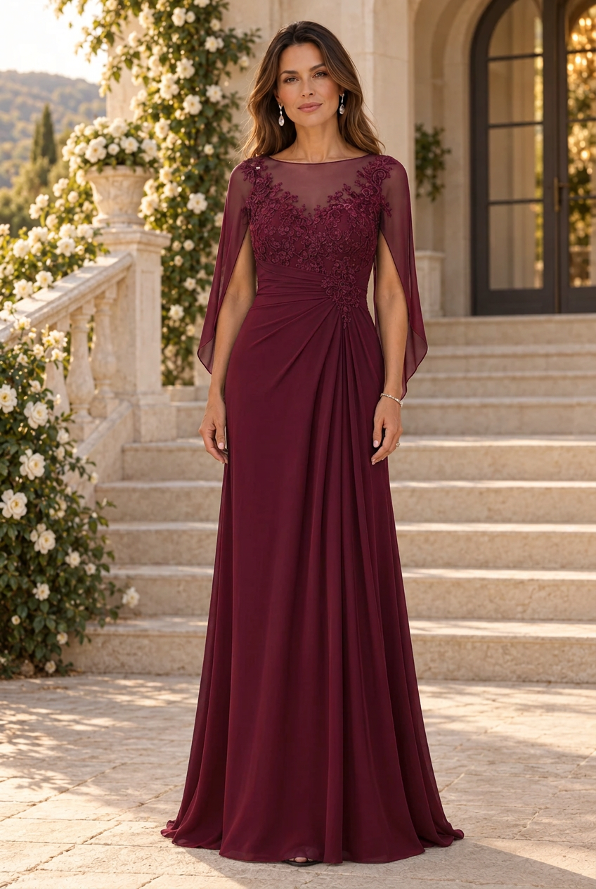 Illusion Neckline Cape Evening Gown with Appliques