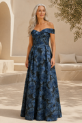 Off-Shoulder Floral Jacquard A-Line Evening Gown