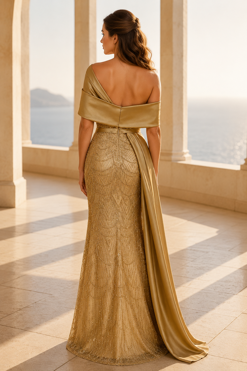 Off-Shoulder Mermaid Gown with Sequin Pattern & Satin Drape