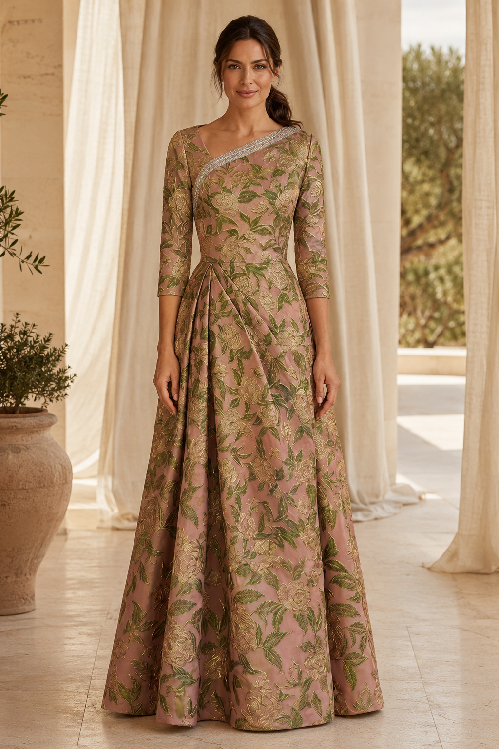 Floral Jacquard Gown with Beaded Asymmetrical Neckline