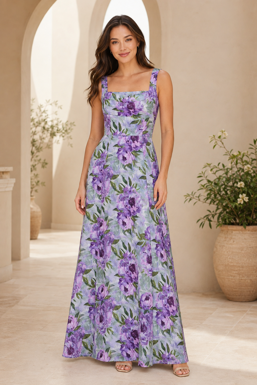 Floral Print Square Neck A-Line Maxi Dress