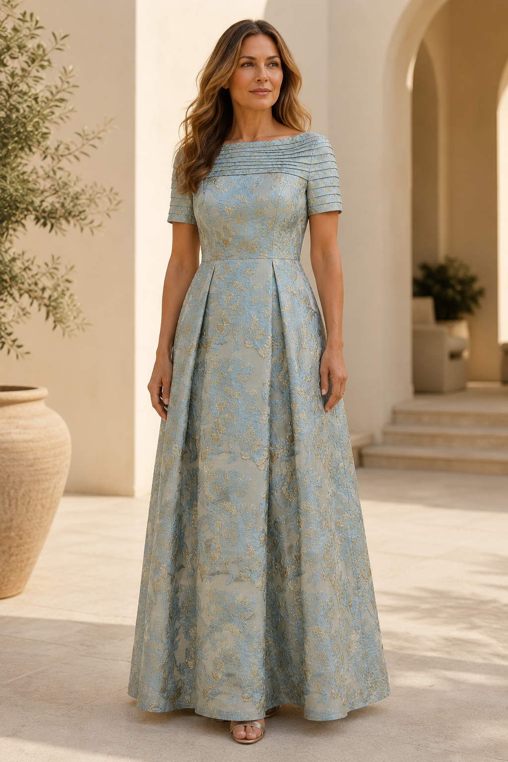 Pleated Bateau Neck Jacquard A-Line Evening Gown