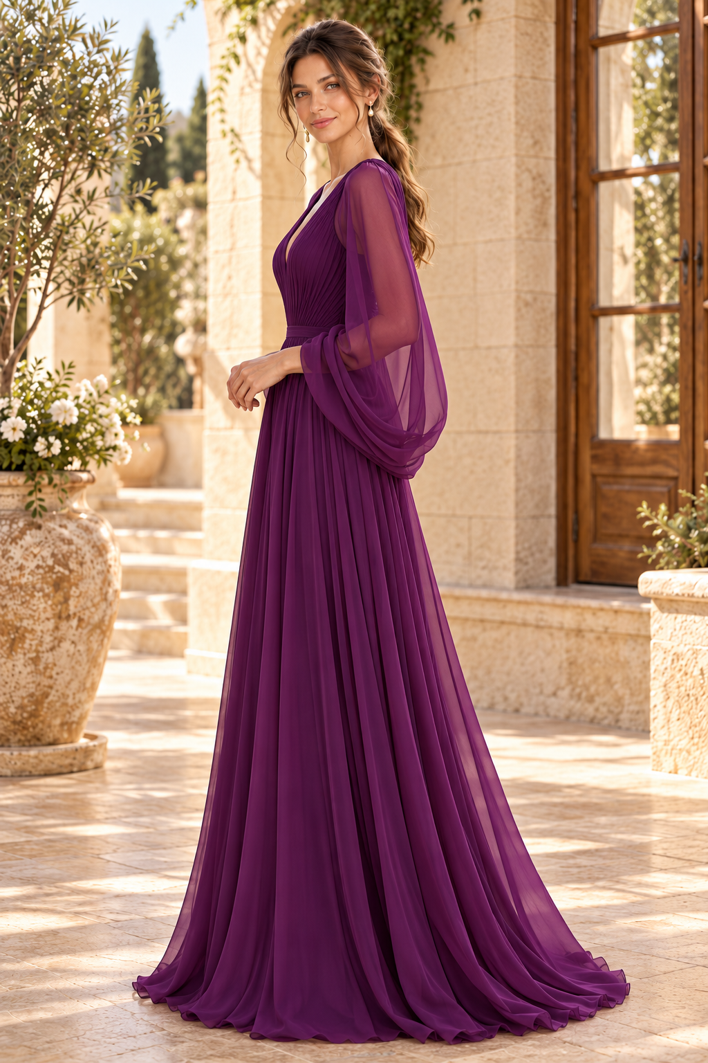 Pleated V-Neck Chiffon Gown with Cape Sleeves
