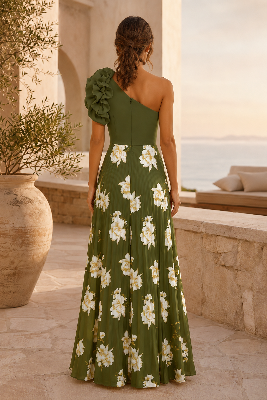 One Shoulder Ruffle Floral Print Pleated Maxi Dress