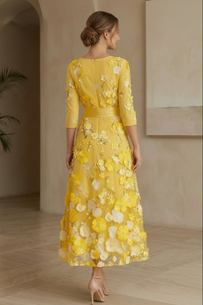 3D Floral Applique A-Line Midi Dress with Bow