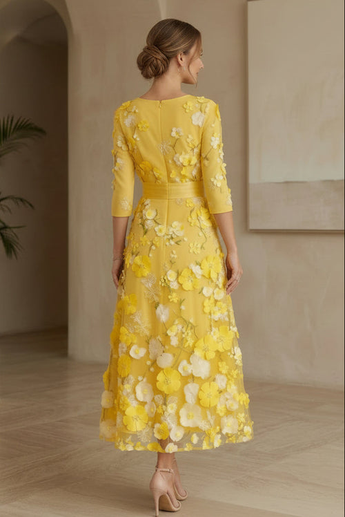 3D Floral Applique A-Line Midi Dress with Bow