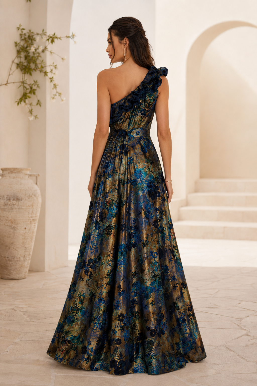One Shoulder Ruffle Floral Jacquard Evening Gown