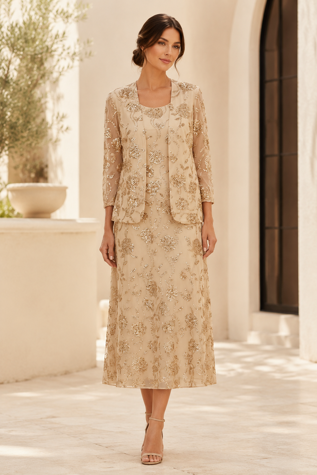 Sequin Beaded Floral Midi Dress with Jacket