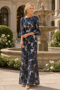 Floral Lace Bell Sleeve Floor-Length Evening Gown