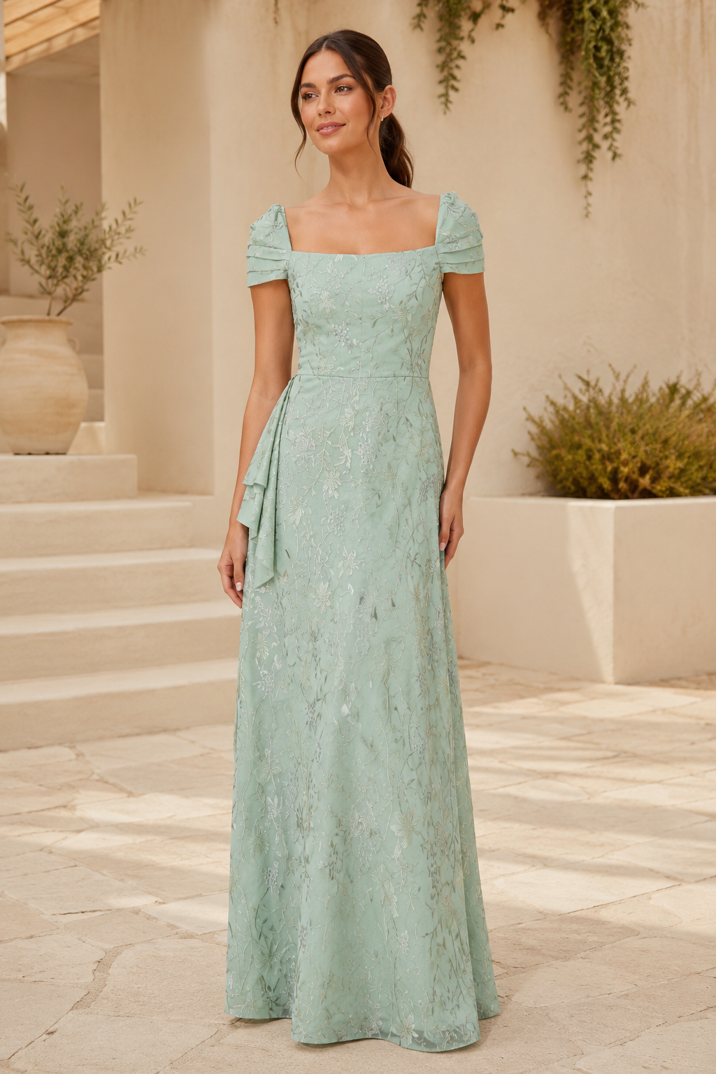 Floral Jacquard Cap Sleeve Gown with Side Draping