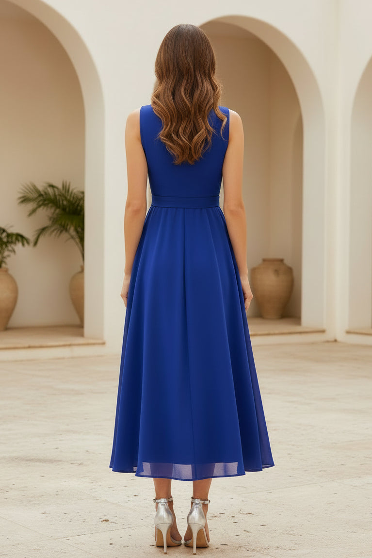 Pleated V-Neck A-Line Chiffon Midi Dress