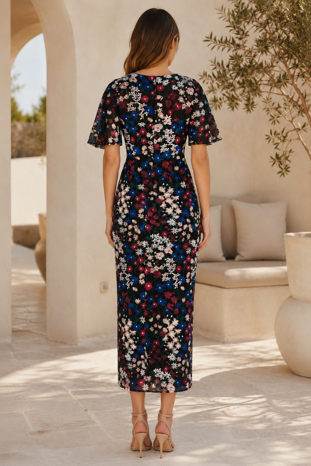 Floral Embroidered Mesh Flutter Sleeve Midi Dress