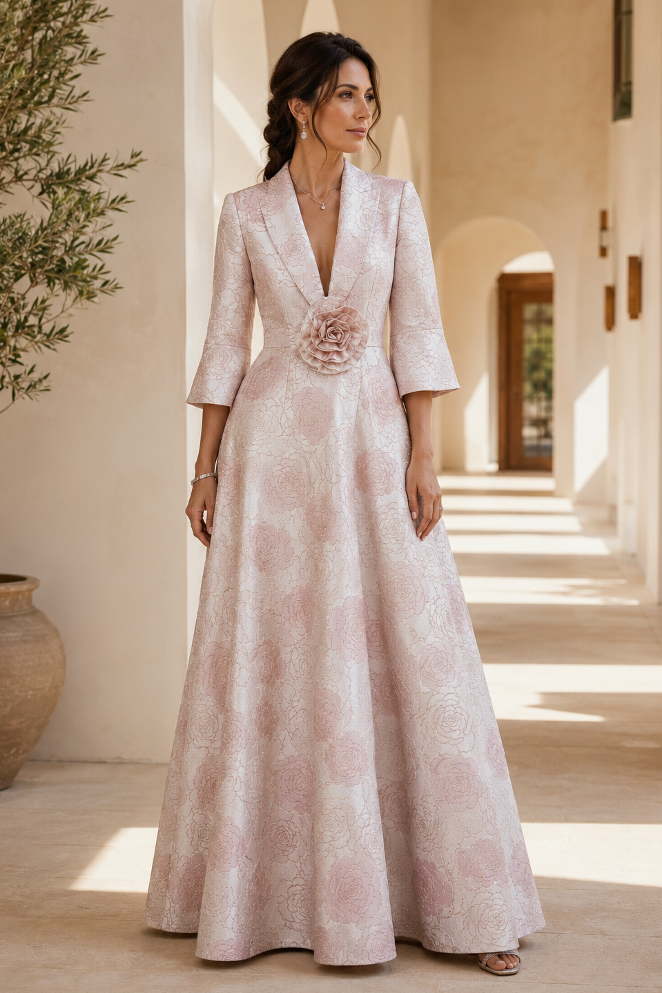 A-Line Floral Jacquard Dress with 3/4 Bell Sleeves