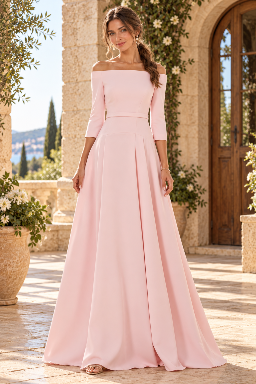 Off-the-Shoulder A-Line Gown with 3/4 Sleeves
