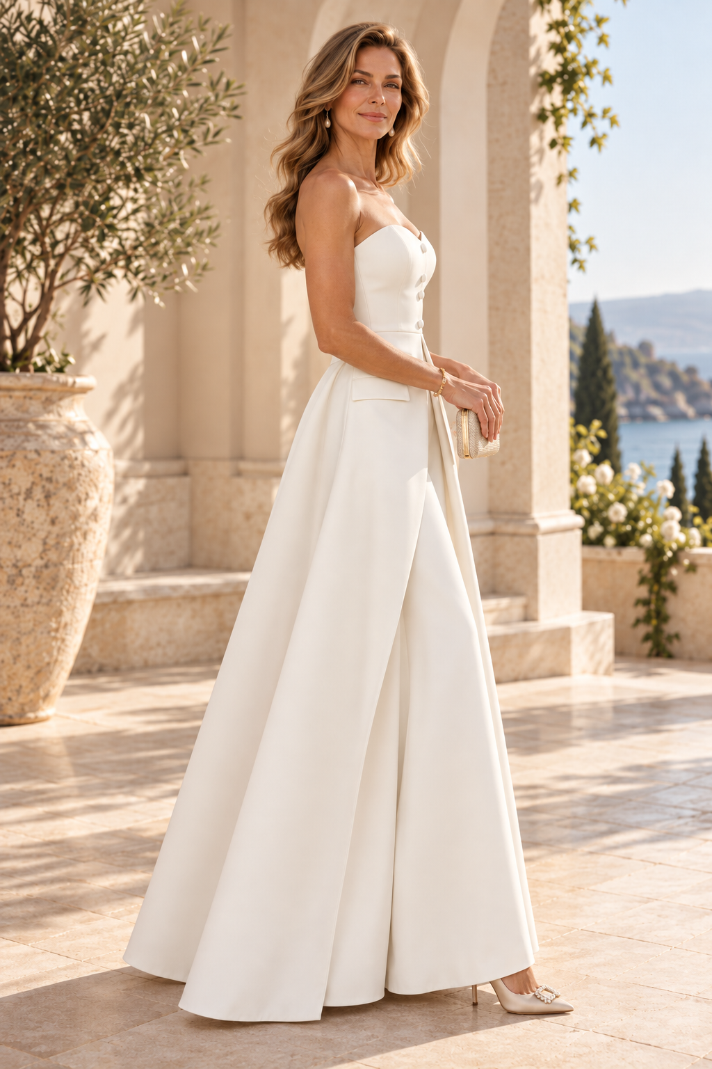 Strapless Wide-Leg Jumpsuit with Overskirt